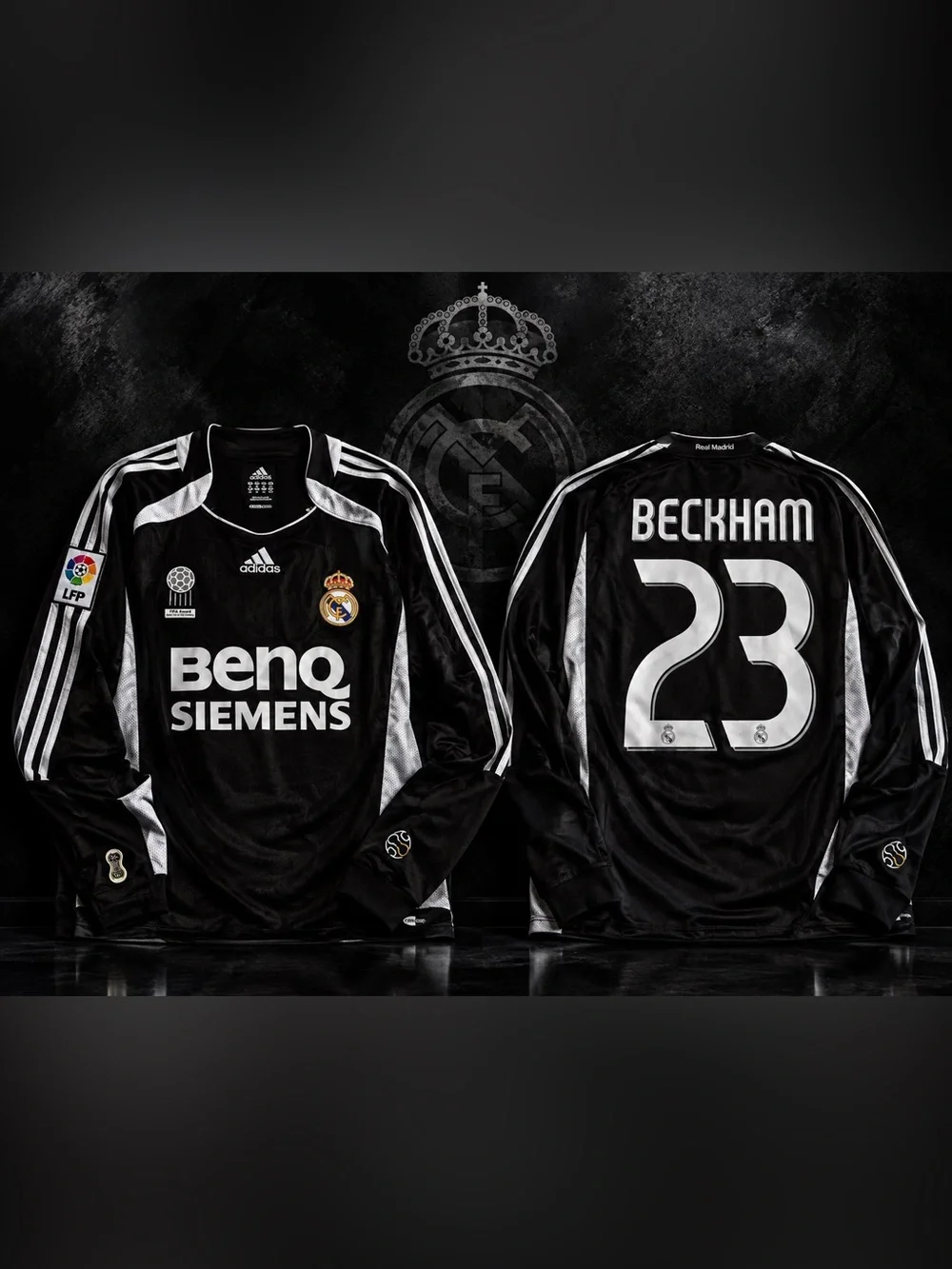 adidas Black Real Madrid Beckham #23 Long-Sleeve Jersey